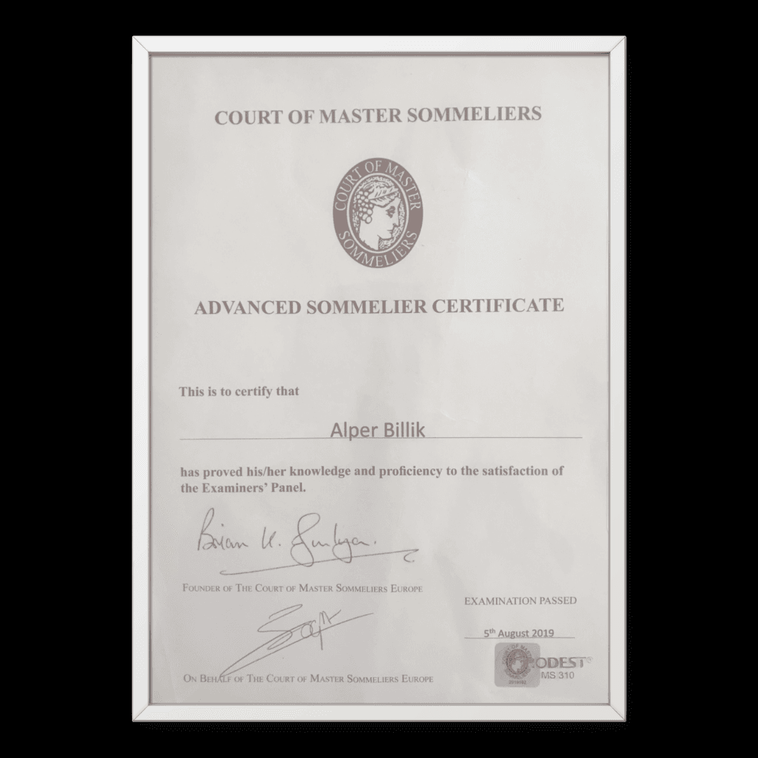 Alper Billik's Advanced Sommelier certificate from the Court of Master Sommeliers