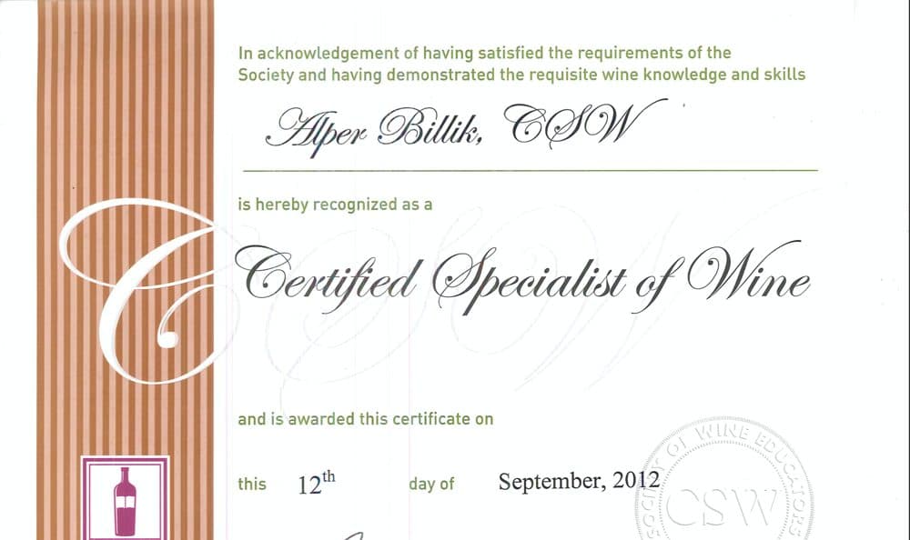 Alper Billik's Certified Specialist of Wine certificate from the Society of Wine Educators, September 2012