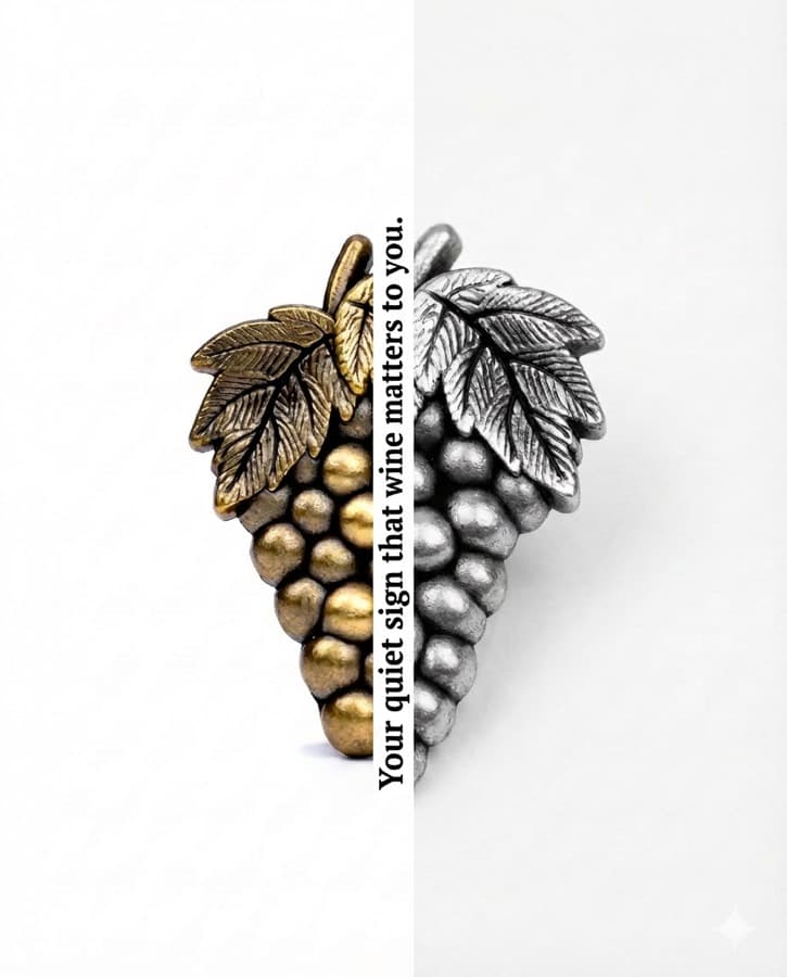 Two SOMM DIGI grape pins, one gold-black and one antique silver
