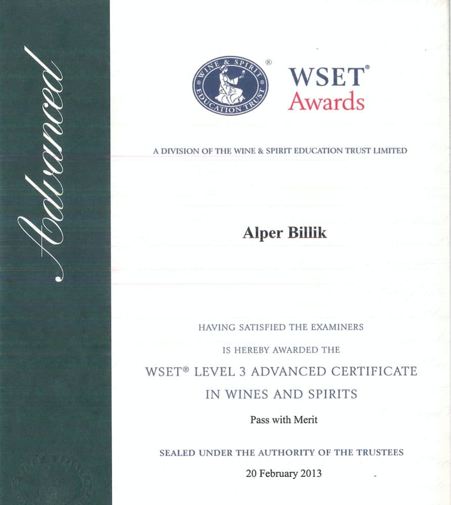 Alper Billik's WSET Level 3 Advanced Certificate in Wines and Spirits, Pass with Merit, 20 February 2013