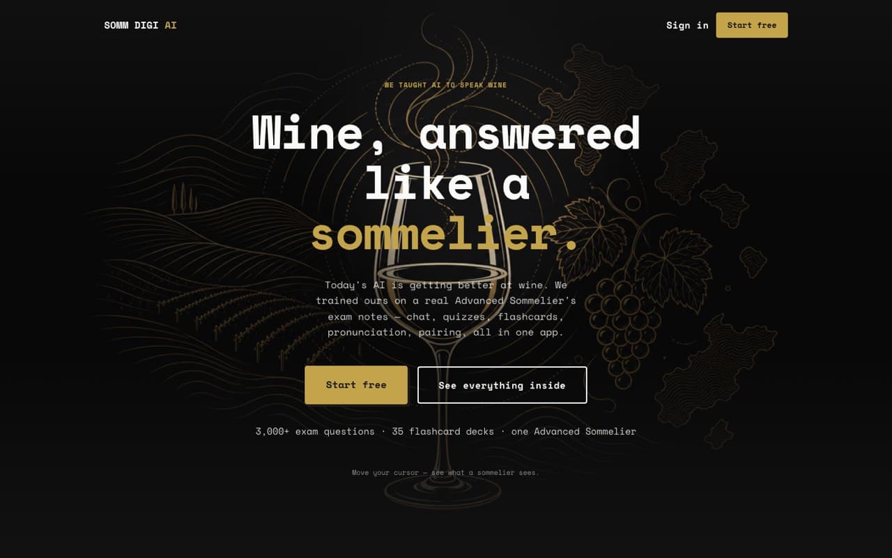 The SOMM DIGI AI home page: Wine, answered like a sommelier