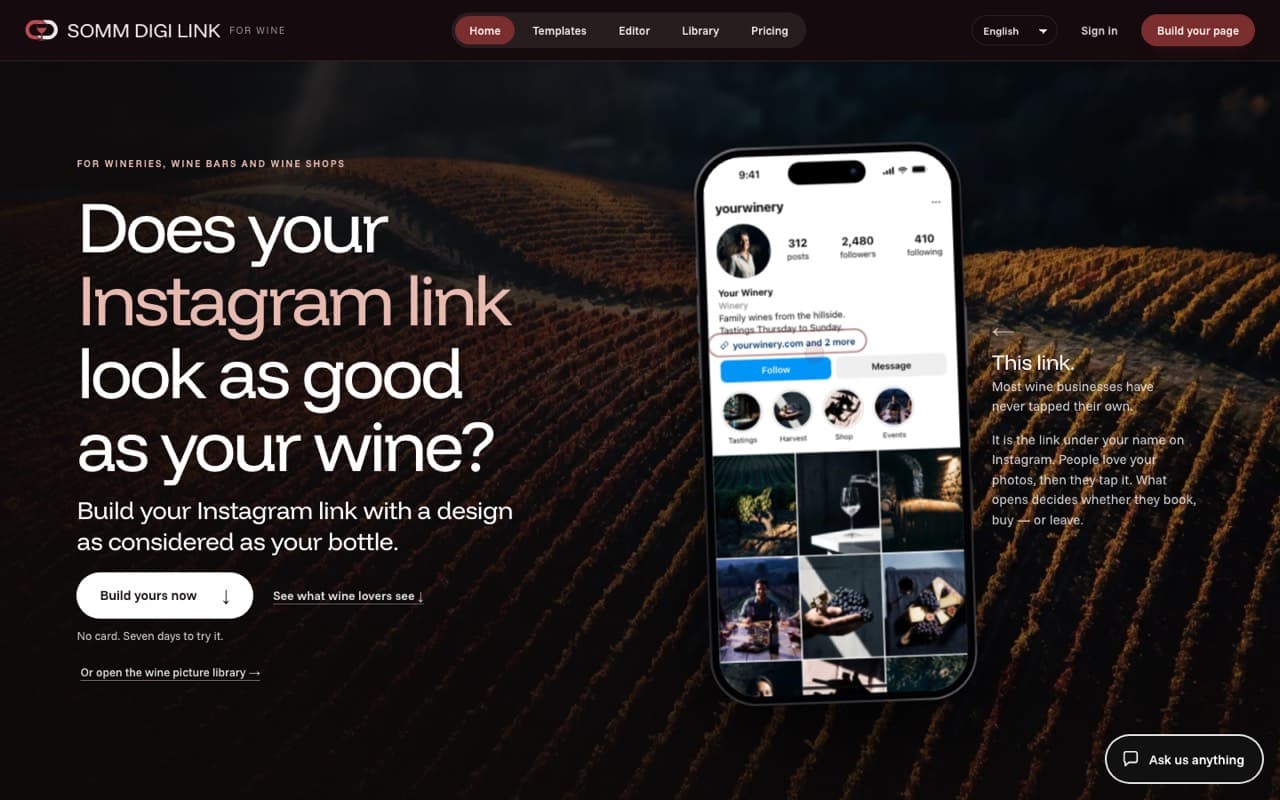 The SOMM DIGI LINK home page: Does your Instagram link look as good as your wine?